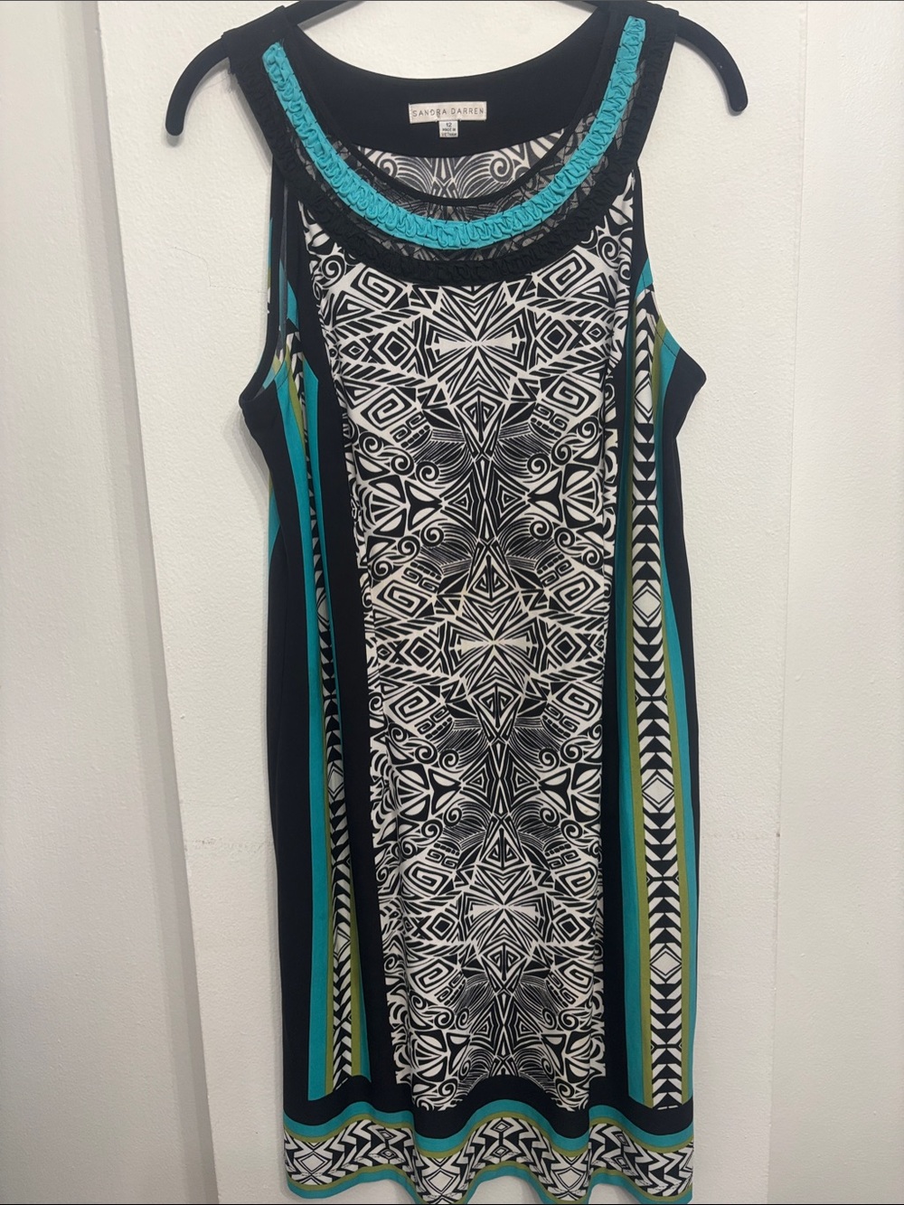 Sandra Darren Teal, Black & White Geometric Sleeveless Midi Dress Size 12